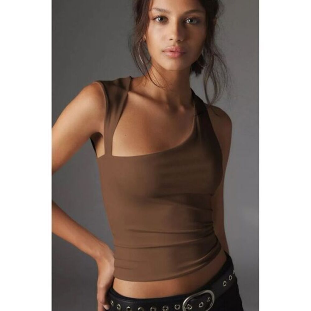 Micas Asymmetric Brown Tank Top Sleeveless Blouse Ruched Side Casual‎ Chic Small